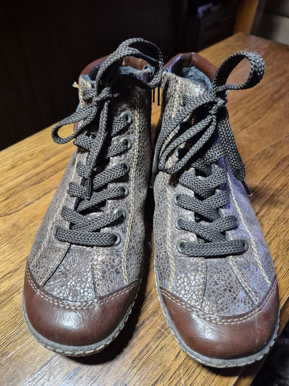 Rieker Brown Metallic Textured Leather Lace-Up Ankle Booties - Picture 3 of 6